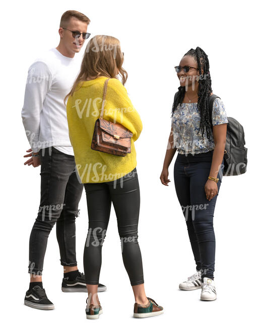 group of three young people standing and talking