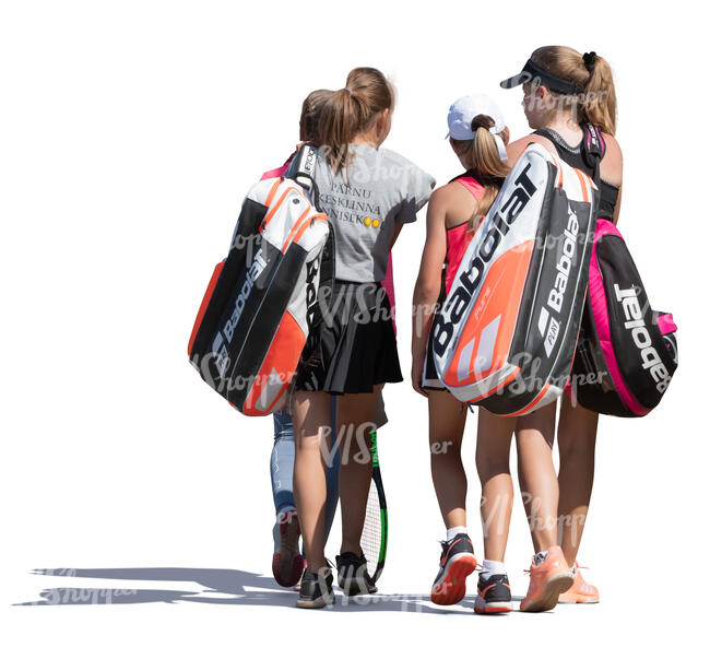 four girls with tennis bags coming from practice