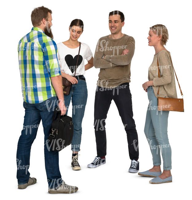 group of four young people standing and talking