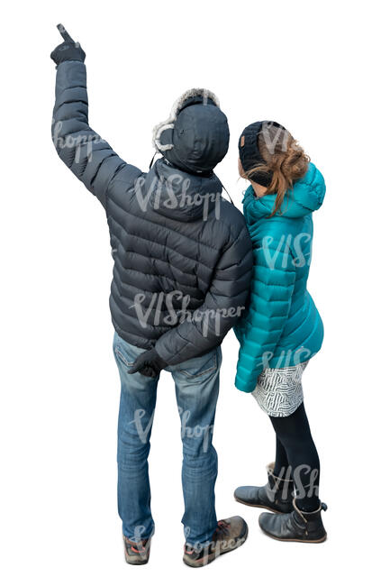 man and woman standing and pointing seen from above