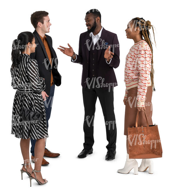 group of four people standing and talking