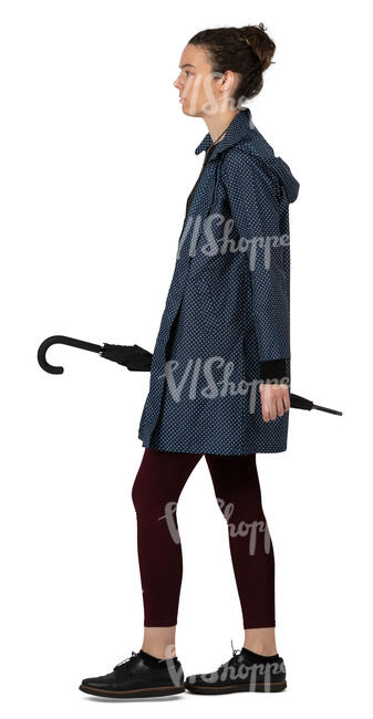 woman with raincoat and umbrella walking