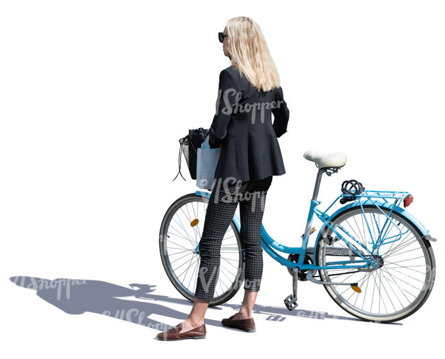 woman with a blue bike standing
