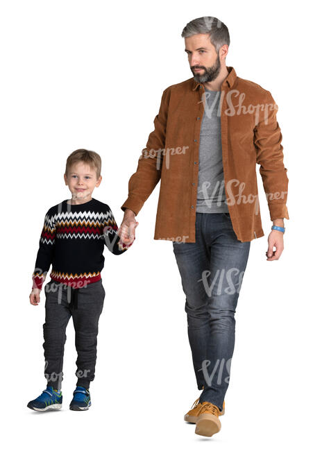 father and son walking happily hand in hand