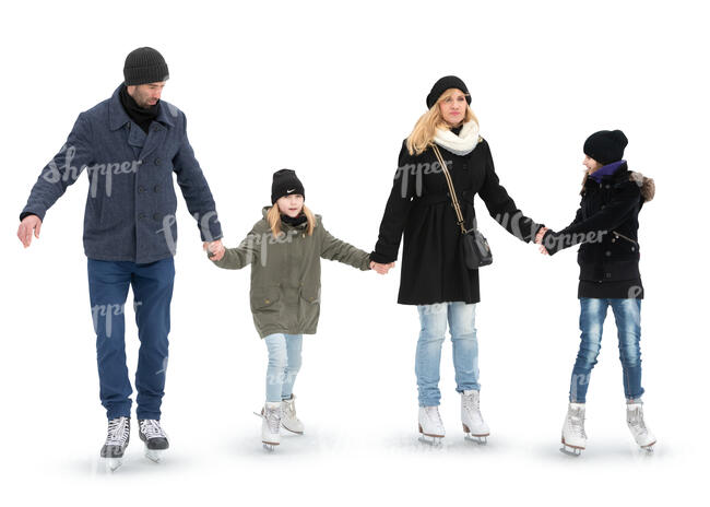 family with two kids skating hand in hand