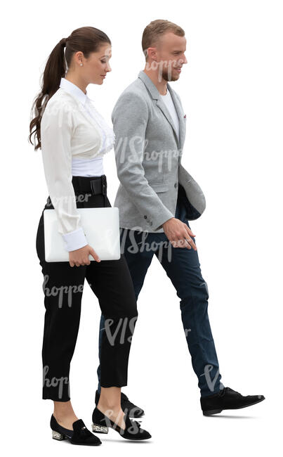 businessman and businesswoman walking side by side