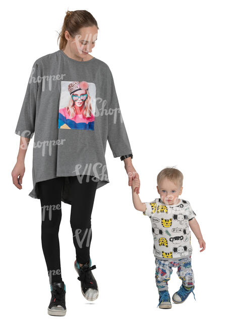 woman walking hand in hand with her baby boy