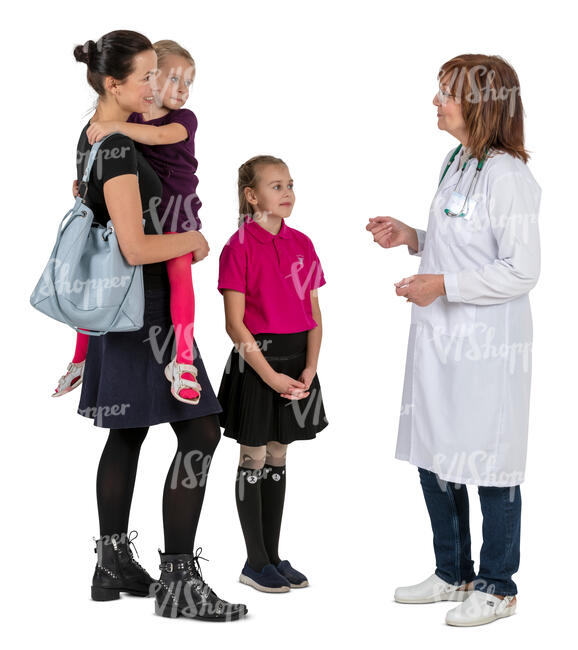 woman with two kids talking to a doctor