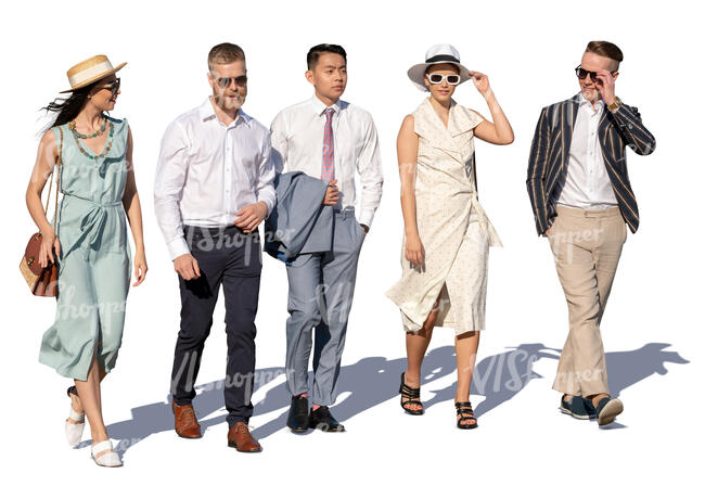 group of five young people walking on a summer day