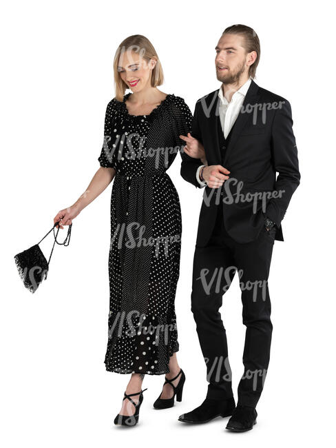 man and woman walking on a formal event arm in arm