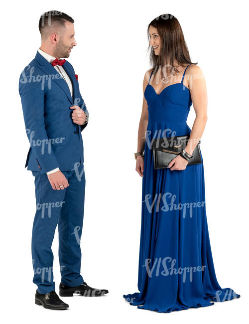 man and woman standing and talking on a formal event