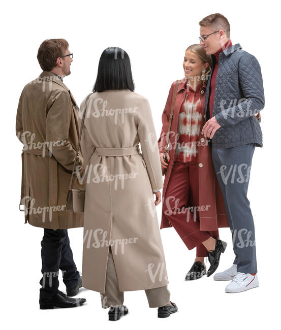 four people in overcoats standing and talking