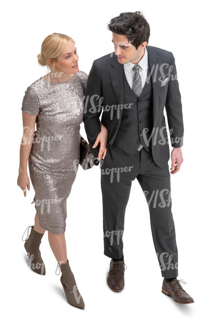 couple in formal party clothes walking seen from above