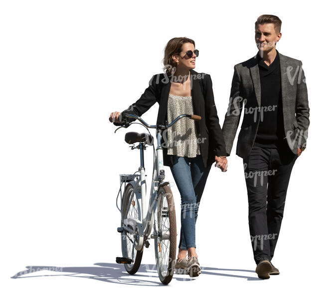 woman with a bike walking hand in hand with herboyfriend
