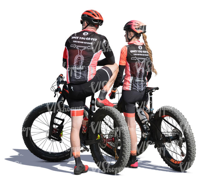 sporty man and woman with fat bikes standing