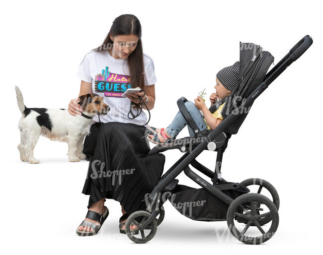 woman with a little child in a stroller sitting