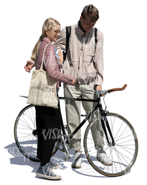 teenage boy and girl with a bike standing and talking