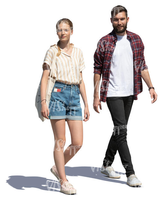 cut out young man and woman walking on a summer day