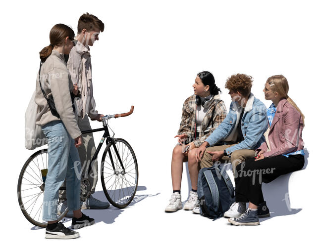 cut out group of young people sitting and standing and talking