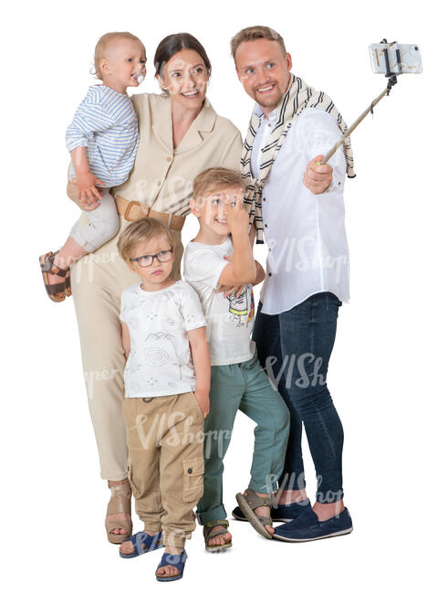 cut out family with three kids taking a selfie