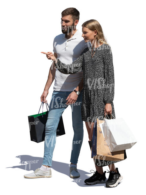 cut out man and woman with shopping bags standing and looking at smth