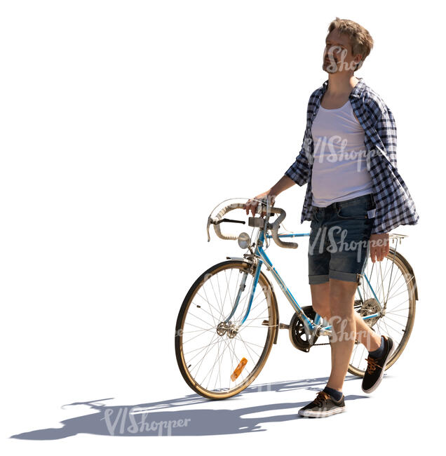 cut out backlit man walking while pushing a bike