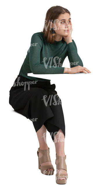 cut out woman sitting and leaning on a table