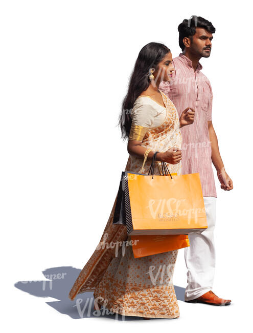 cut out indian couple with shopping bags walking
