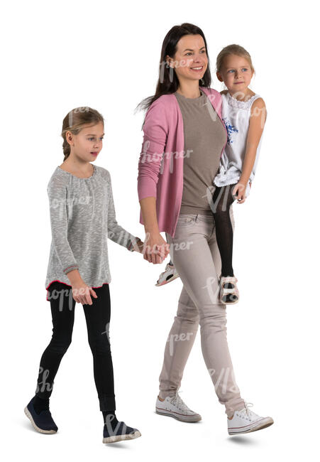 cut out woman and two girls walking hand in hand