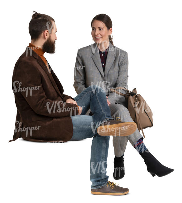 cut out man and woman sitting and talking casually