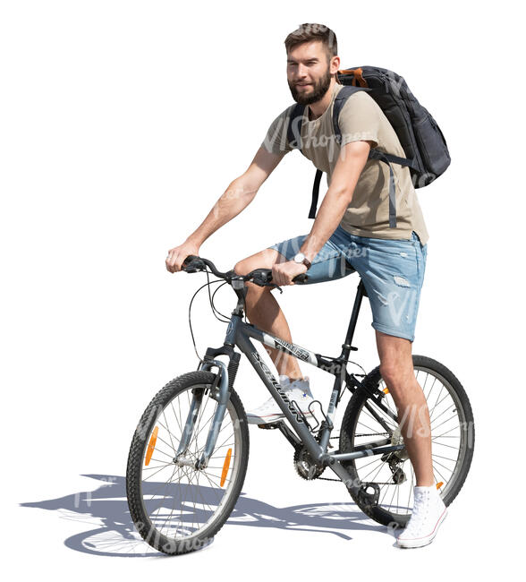 cut out young man with a backpack stopping while riding a bike