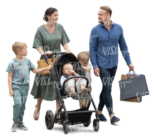 cut out family with three kids and a stroller walking on the street