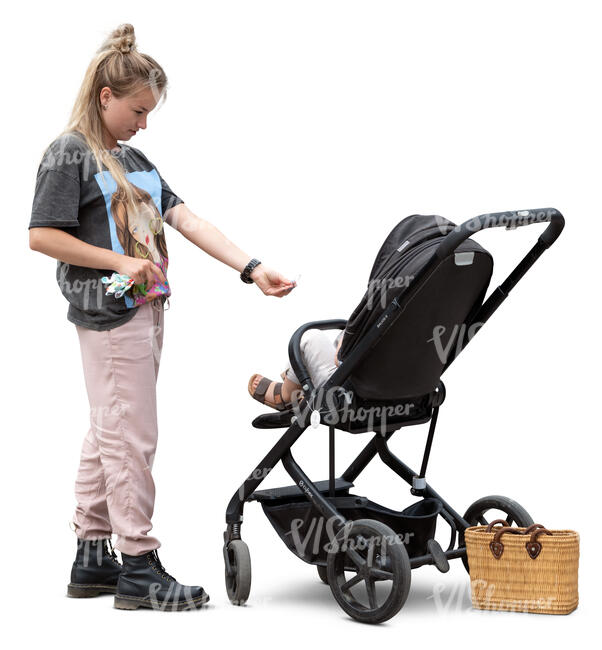 cut out young woman with a baby stroller standing