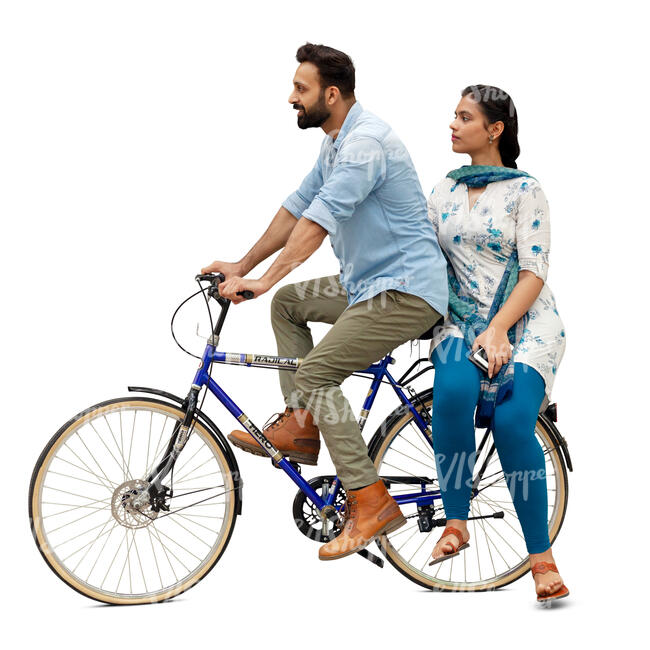 cut out indian man riding a bike with a woman sitting on the rack