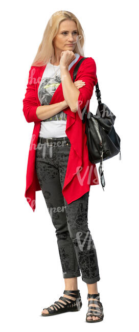 cut out woman in a red cardigan standing