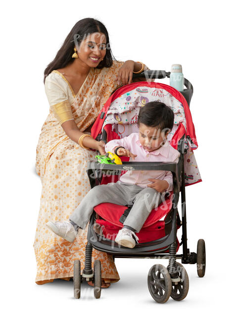 cut out indian woman with her son sitting sitting and playing