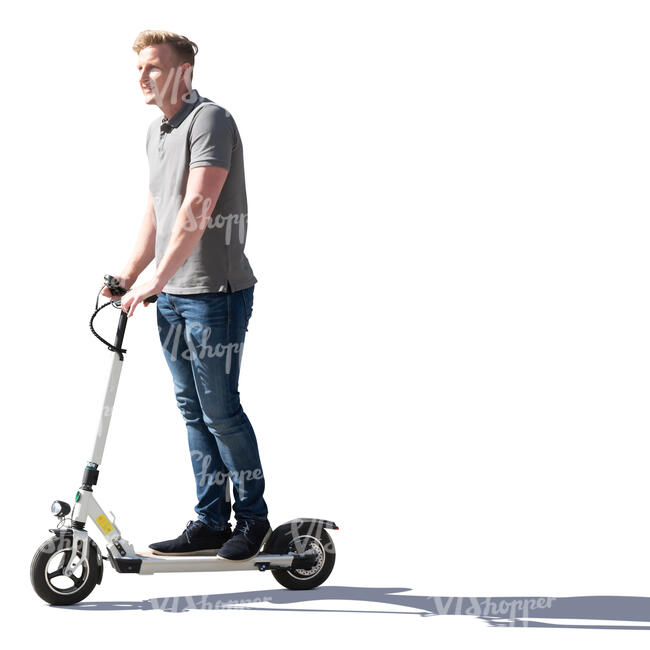 cut out sidelit man riding an electric scooter