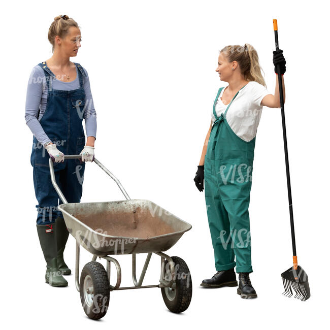 two cut out women working in a garden standing and talking