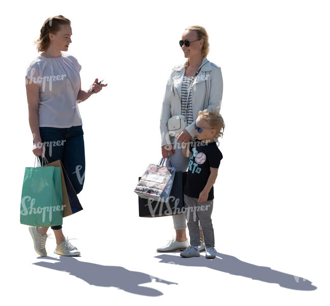 two cut out women and a little boy standing and talking