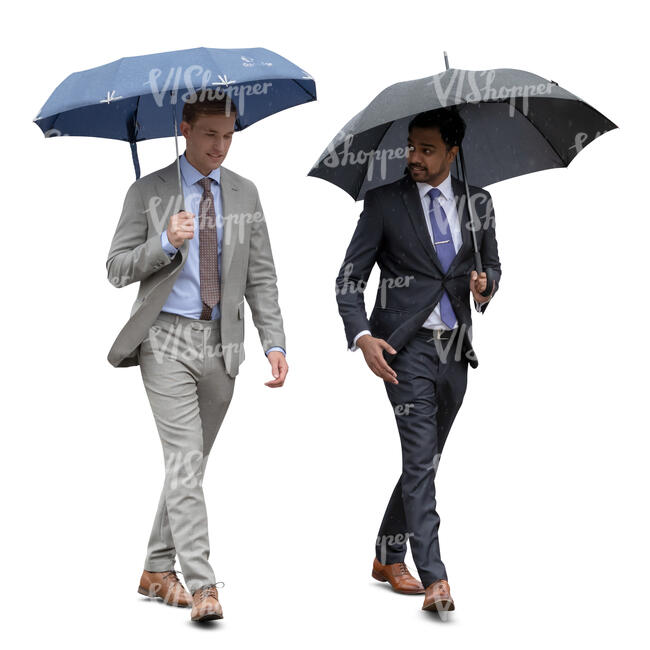 two cut out businessmen with umbrellas walking on a rainy day