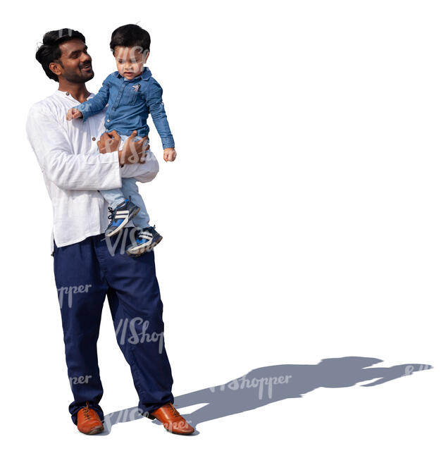 cut out indian man standing and holding his son in his arms