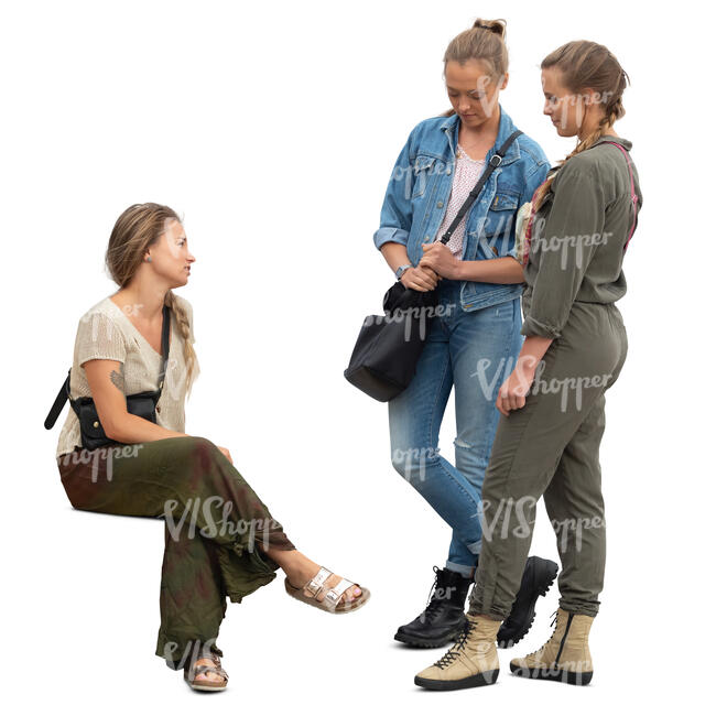 cut out woman sitting and talking with two women standing beside her