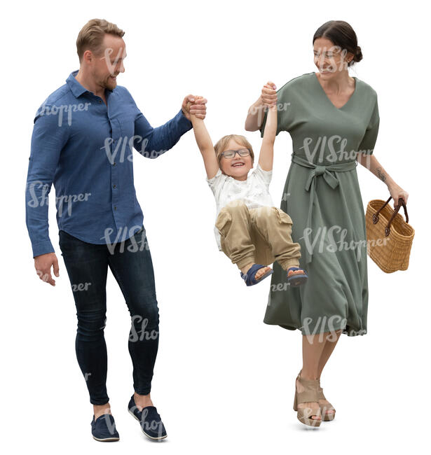 cut out man and woman walking and swinging their son by the arms