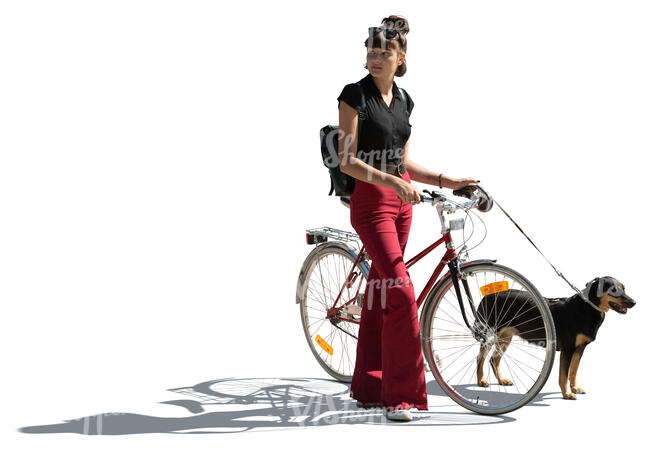 cut out teenage girl with a bicycle and a dog standing