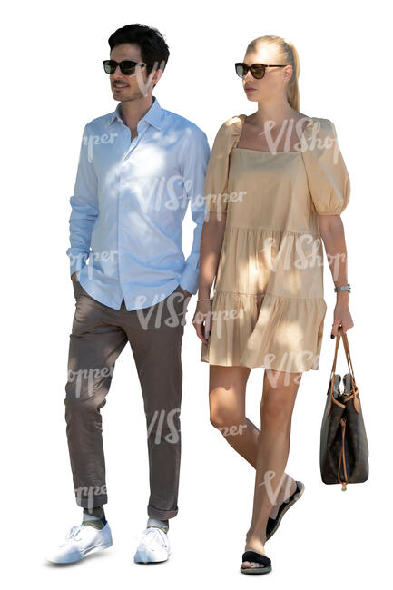 cut out man and woman walking in tree shade