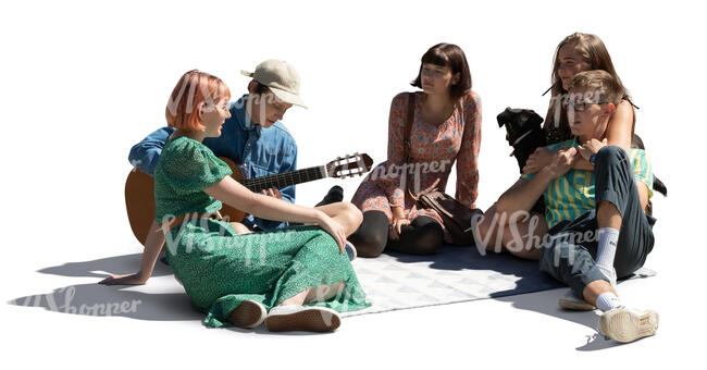 cut out group of young people sitting in a park and playing guitar