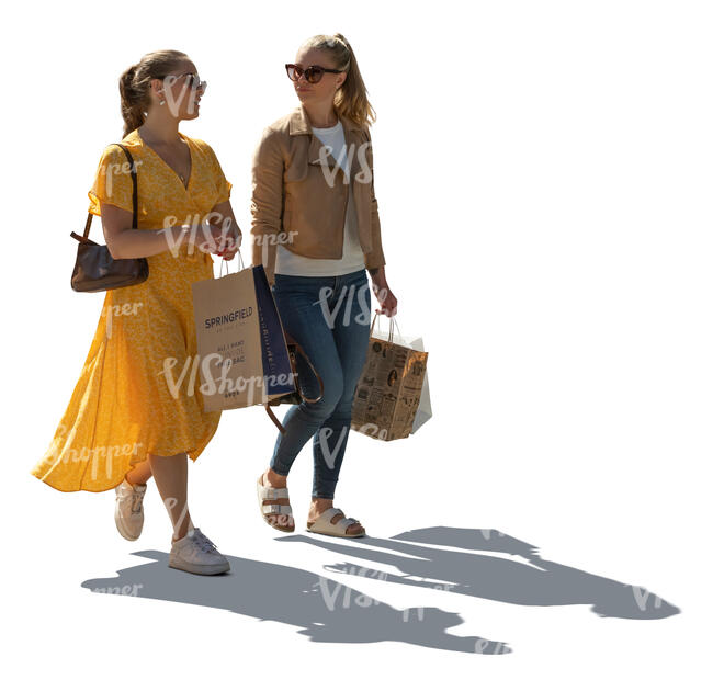 two cut out backlit young women with shopping bags walking and talking