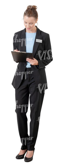 cut out female receptionist standing and writing