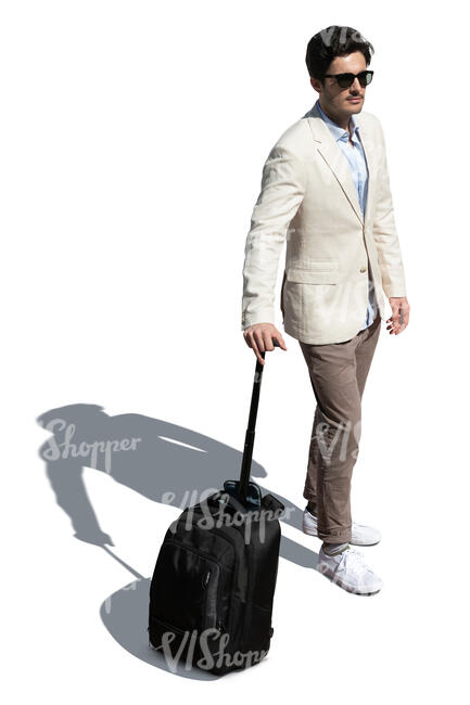 young elegant man with a suitcase standing seen from above