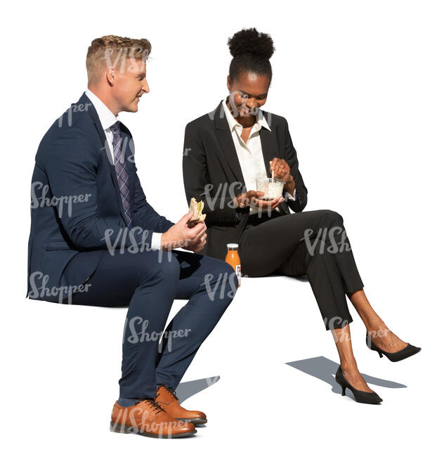 cut out office workers sitting and eating lunch outside in the sun